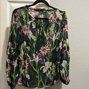 White House Black Market Floral Sheer Blouse - Green and Pink